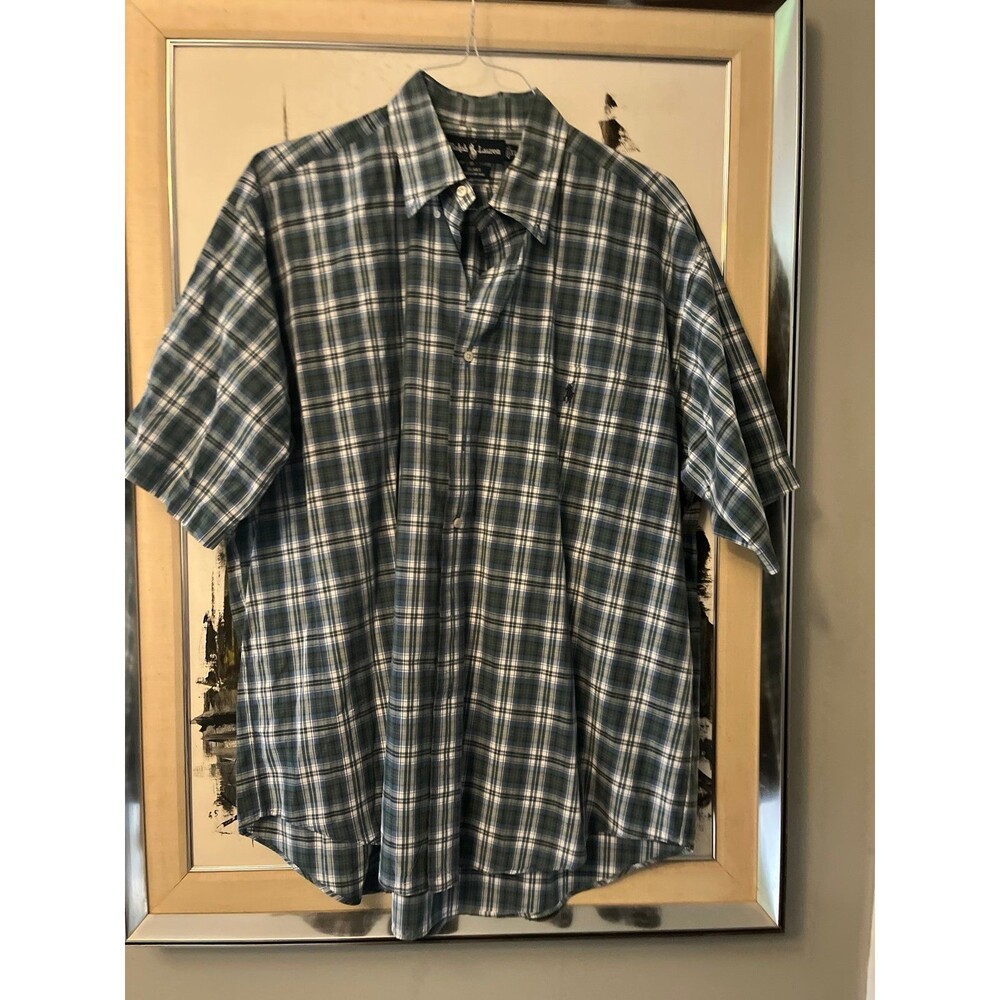Ralph Lauren Men’s Blaire Cotton Plaid Short Sleeve Shirt Blue & White Button XL